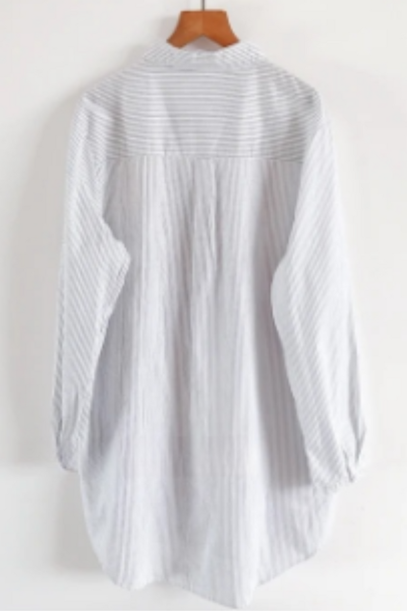 Autumn Women Blouse Style Literary Thin Stripe Embroidery Loose Cotton Turndown Collar Long Sleeve Shirt