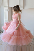 Elegant Girls Big Bow Dresses Fluffy Pink Tulle Birthday Ceremony Prom Girl Clothing Kids Bridemaid Wedding V-Neck Dress