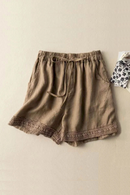 Linen Shorts Women Hollow Out Crochet Elastic Waist Shorts Women Clothing