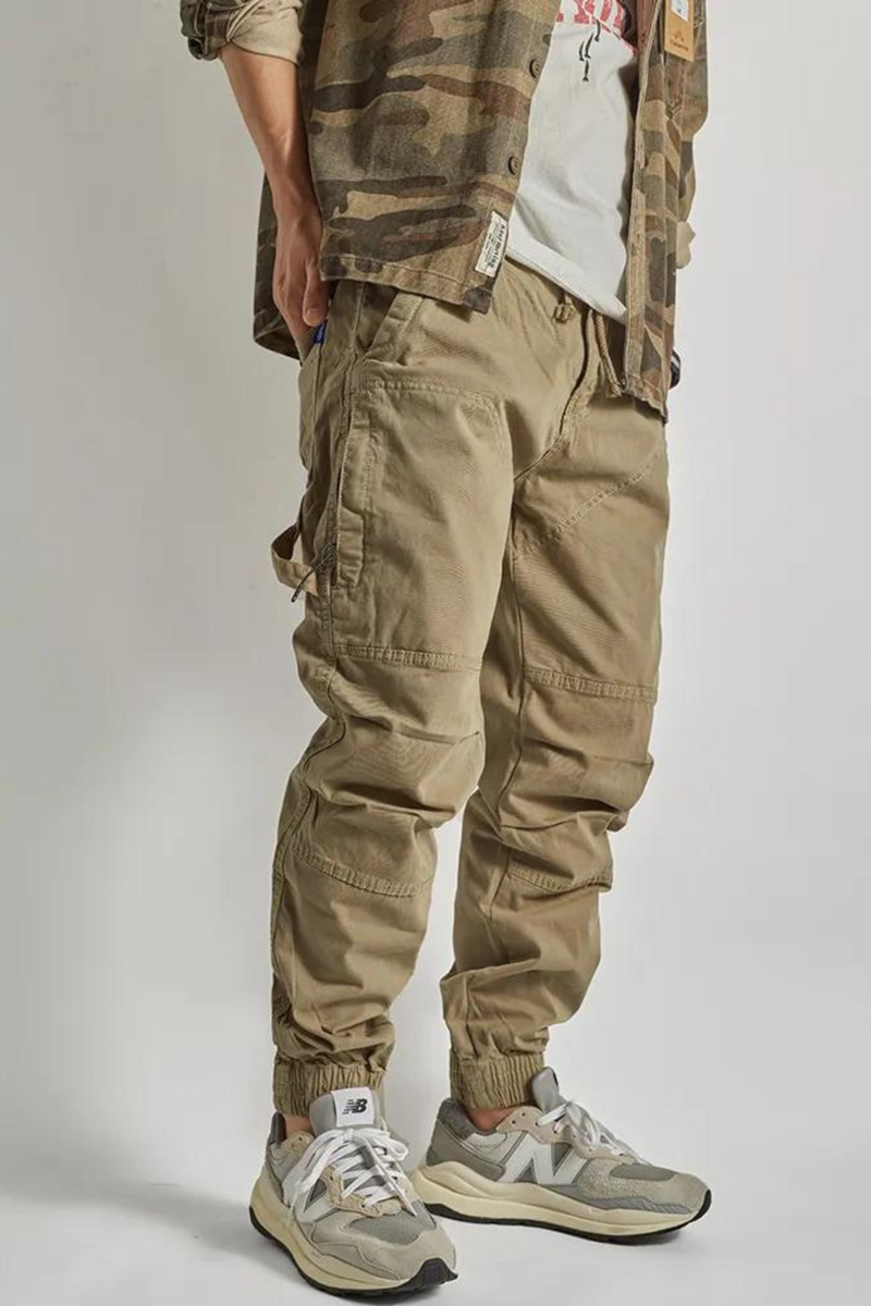 Autumn American Retro Woven Cargo Pants Men's Washed Elastic Waist Drawstring Loose Casual Ankle-tied Trousers