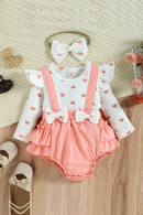 Spring Autumn Valentine's Day Infant Baby Girls Fall Outfits Long Sleeve Heart Bodysuit Suspender Dress Headband Set