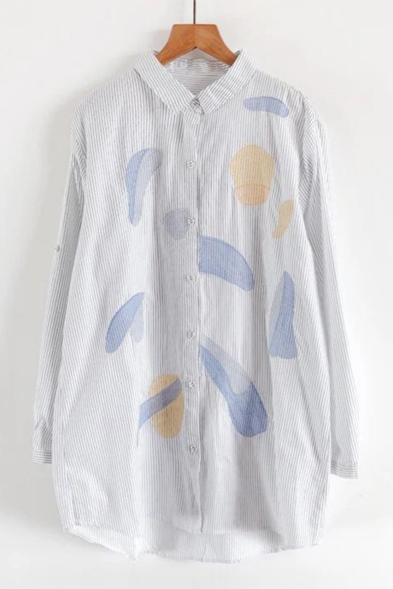 Autumn Women Blouse Style Literary Thin Stripe Embroidery Loose Cotton Turndown Collar Long Sleeve Shirt