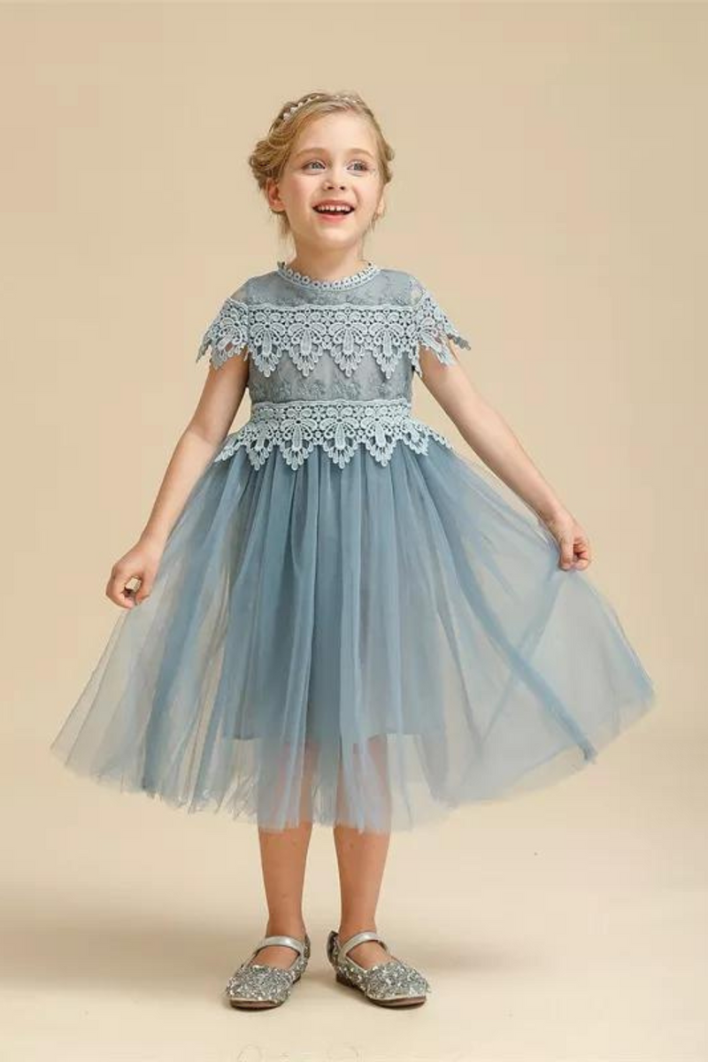 Summer Vintage Lace Tulle Dress Flower Elegant Kids Princess Dresses for Wedding Birthday Party Costume Girl Clothes