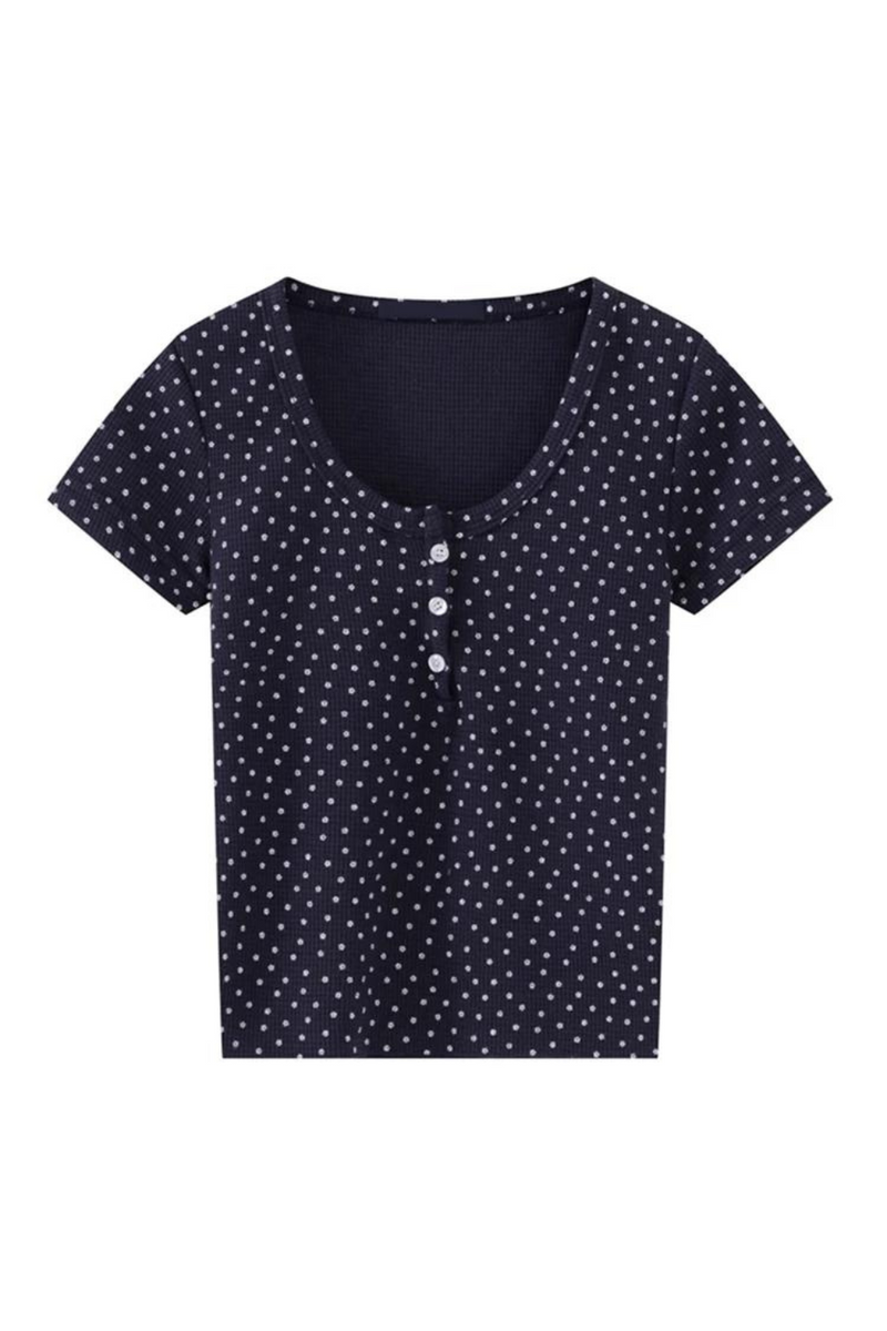 Elegant Women Flower Knit Tees Autumn Causal Ladies Tees Female Button Short Sleeve Chic Tops