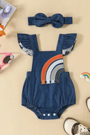 Newborn Girl Bodysuit Outfit Embroidery Rainbow Fly Sleeve Romper with Bowknot Hairband