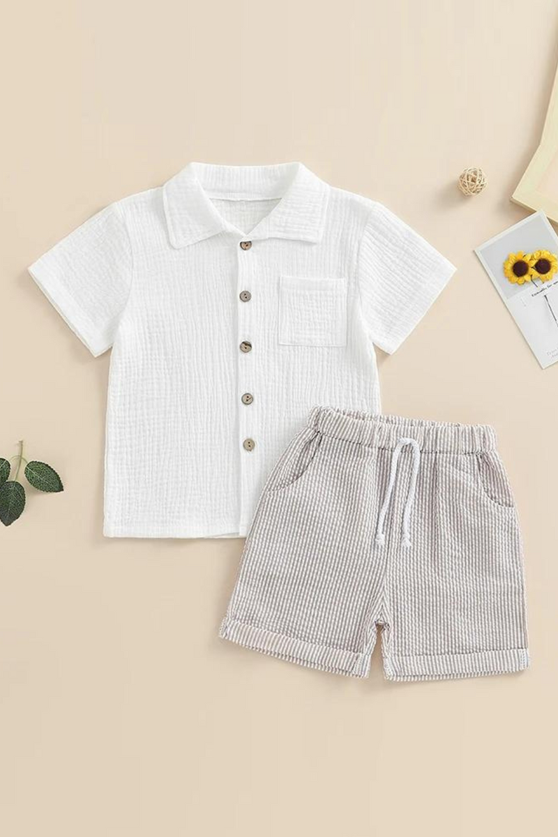 Summer Kids Boys Outfits Short Sleeve Button-Down T-Shirt and Elastic Stripe Shorts Clothes Set