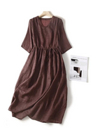 Women Cotton Short Sleeve Midi Dress Summer Casual Loose Vintage Solid Dresses With Pockets Female