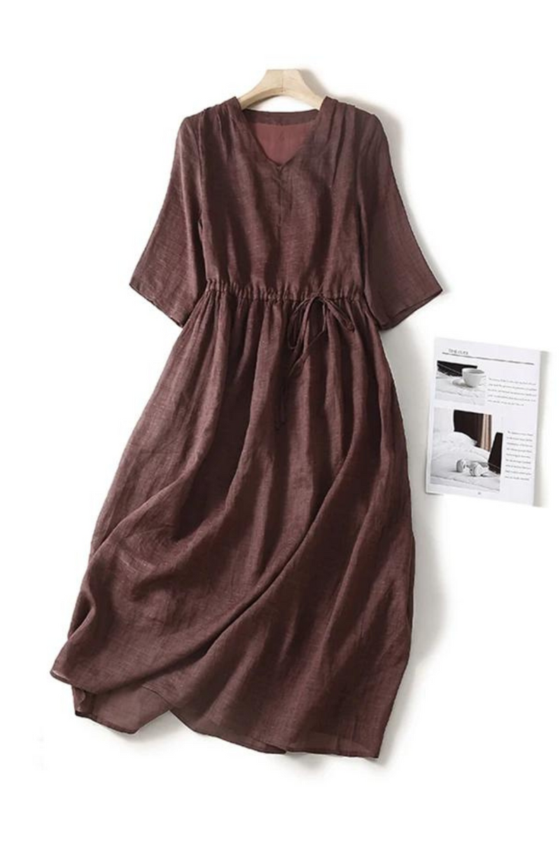 Women Cotton Short Sleeve Midi Dress Summer Casual Loose Vintage Solid Dresses With Pockets Female