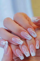 24pc Pink Flame Nails White Fire Ballet Press-Ons Medium-Short Length & Mix Sizes False Nails Set For Women