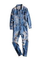 Men Denim Jumpsuit Hip Hop Street Dress Perforated Jeans Loose Personality Pants