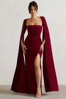 Long Cape Sleeve Split Maxi Dress For Women Gown Square Collar Evening Long Dress Elegant