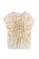 Women Cap Sleeves Raised Floral Embroidery Shirt Openings Lace Up Back Summer Blouse Tops