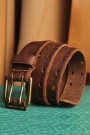 Men Double-stitch Copper Pin Buckle Top Leather Belt Man Retro Strap Leisure Waistband
