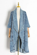 Denim Windbreaker For Women Lapel Half Sleeve Patchwork Pocket Casual Windbreakers Female Clothing