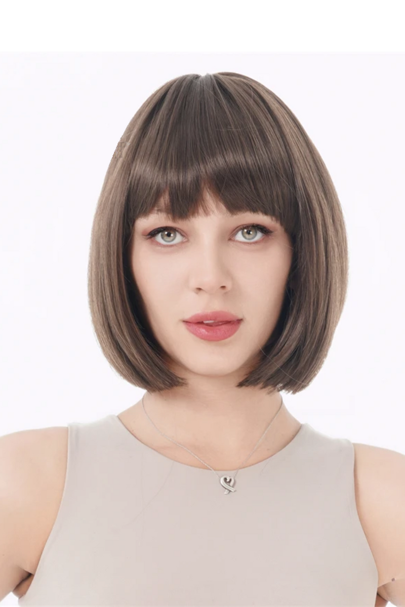 Bob Short Straight Brown Swept Bangs Full Synthetic Wig