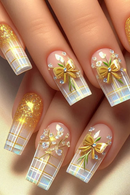 24pcs Plaid Pattern Nail Shimmery Gold Sequins Bowknots Designs False Nail With Press On Nail