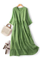 Elegant Solid Maxi Dress Women Vintage Short Sleeve Dress Summer Casual Sundress Loose Cotton Pocket Long Dress