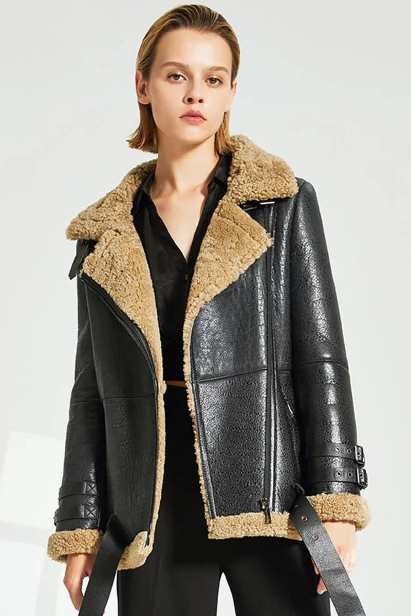 Women's Shearling Jacket Women's Short Motorcycle Jacket Women's Winter Leather Warm Jacket