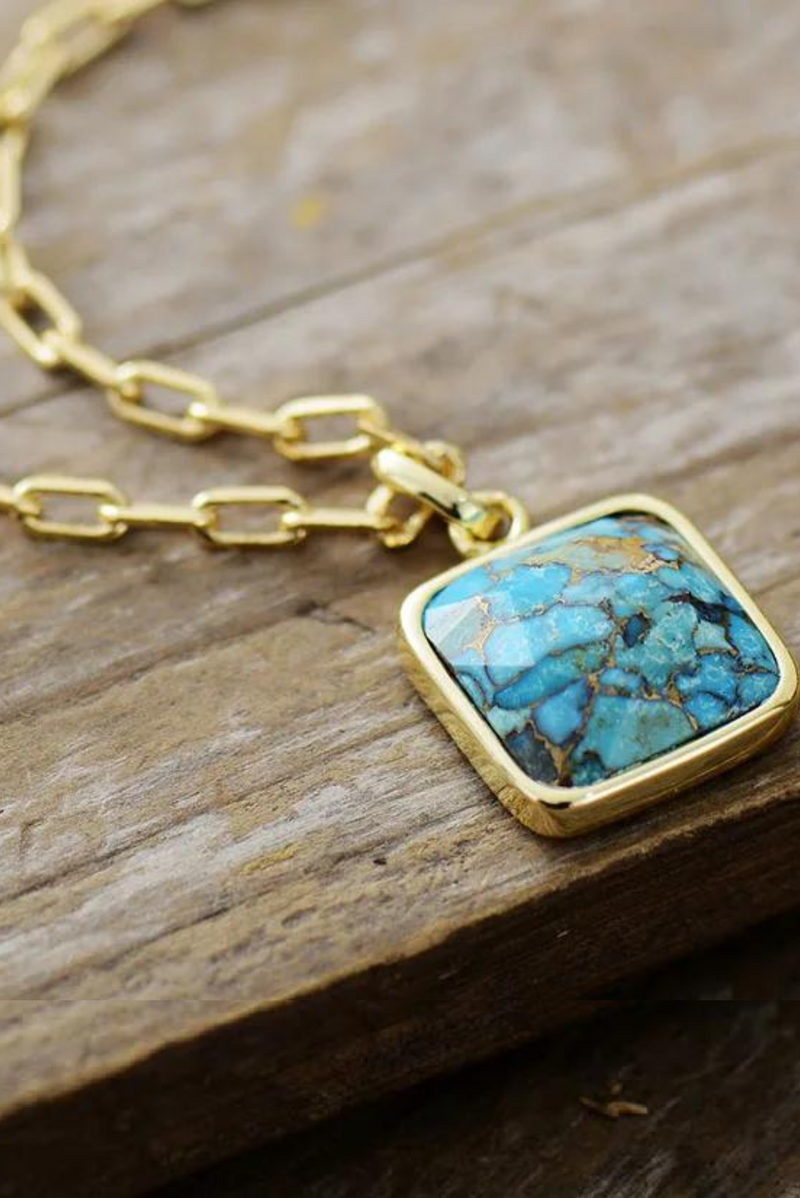 Natural Stone Square Turquoises Gold Plated Curb Chain Pendant Necklace Women Bohemia Beaded Necklace Jewelry