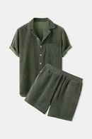 Spring Summer Solid Men Corduroy Suit Button Shirts And Shorts Sets For Man Casual Outfits