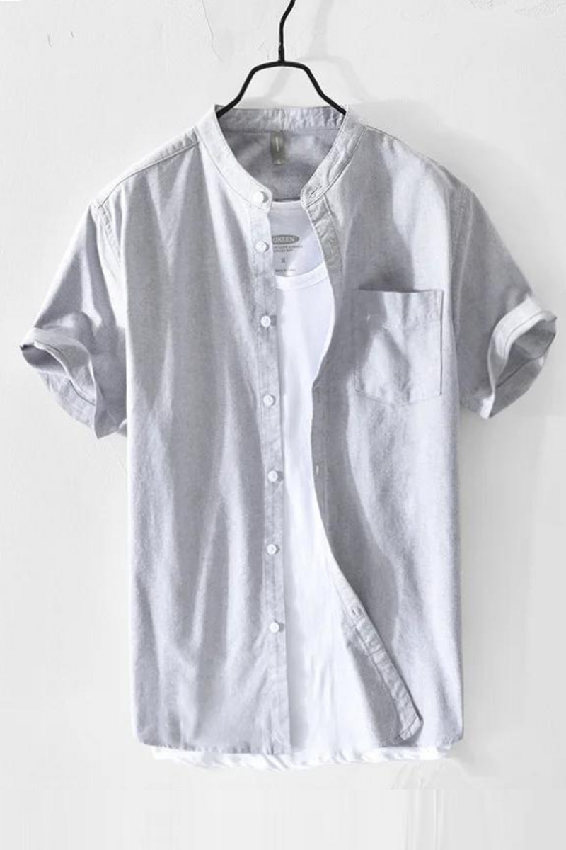 Summer Men Standing Collar Comfortable Shirt Casual Solid Loose Fitting Trend Short Sleeve Shirt