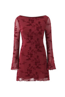 Women Flocking Flower Mesh Mini Dress Flare Sleeve Female Autumn Mini Dress