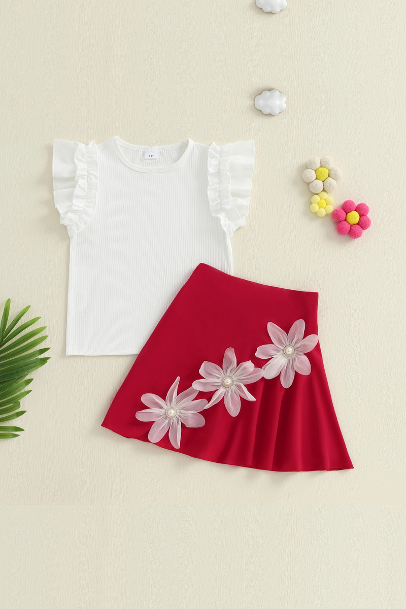 Summer Flower Kids Girls Skirt Set Outfits Kids Party Sleeve Ribbed T-shirt with Floral Skirt Toddler Clothes