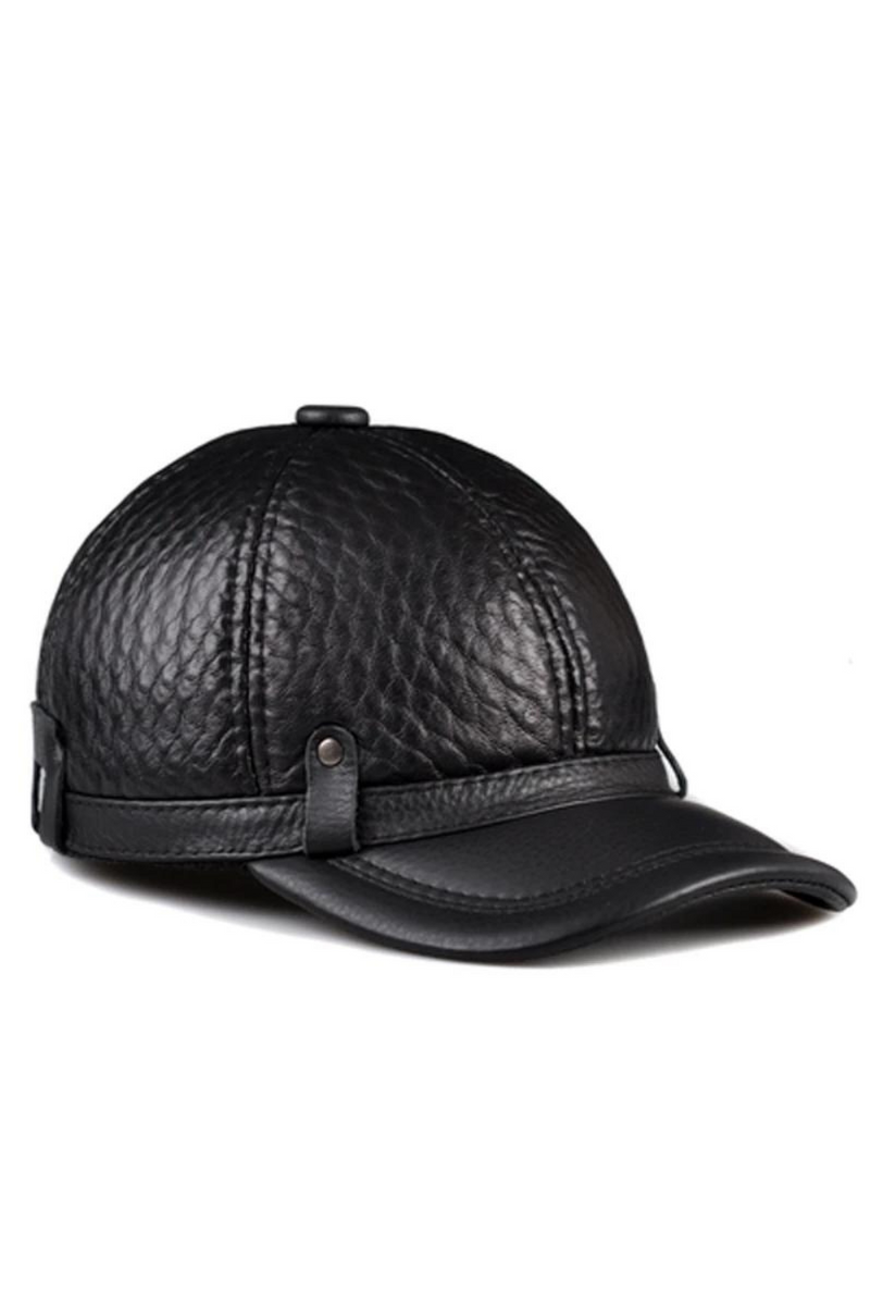 Spring Winter Genuine Leather Head Protection Baseball Caps Black Plaid Embossing Adjustable Hat For Man