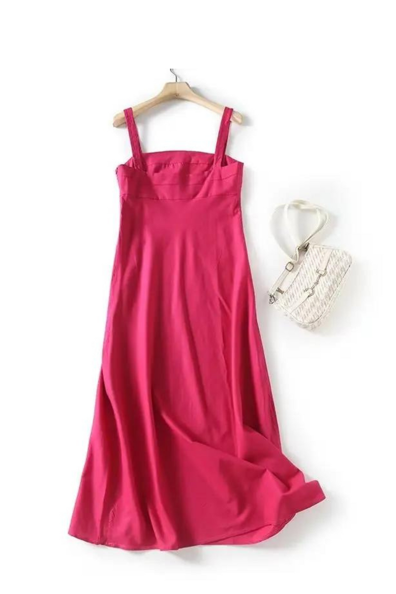 French Elegant Ladies Dress Women Rose Red Sleeveless Dress Vacation Summer Casual