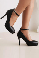 Ankle Straps High Heels Pumps Shoes Woman Elegant Round Toe Black White Heeled Office Dress Pumps Wedding Shoes Bridal Ladies
