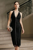 Evening Glamour Black Halter Crystal-Embellished Fringe Backless Midi Dress Gown