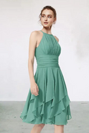 Bridesmaid Dress Jewel Neck Sleeveless Pleat Mini Chiffon Wedding Party Dresses Cascading Ruffles