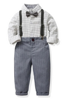 Toddler Boys Spring Fall Clothes Plaid Lapel Shirt with Striped Grey Pants Kids Party Gentleman Cotton Costume