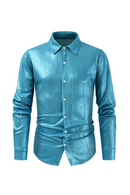 Men Blue Shiny Shirt For Party Sequin Dress Shirt Male