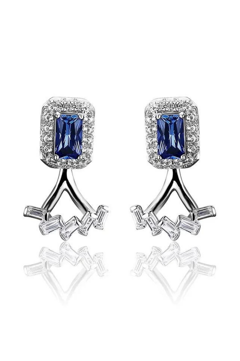 Blue Sapphire Sterling Silver Stud Earring Two Wearring Flexiable Design Octagon Created Sapphire Earring Gift for Personal