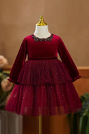 Children's Evening Gown Bow Beading Mesh Design Kids Wedding Birthday Baptism Girls Dress