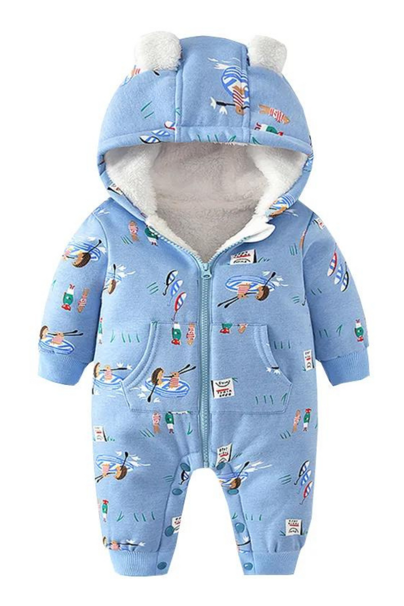 Baby Boys Winter Jumpsuit Cartoon Hooded Zipper Infant Romper Fleece Warm Clothes Toddler