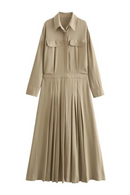 Woman's Spring Long Dress Solid Single Breasted Female Casual Pleated Dress
