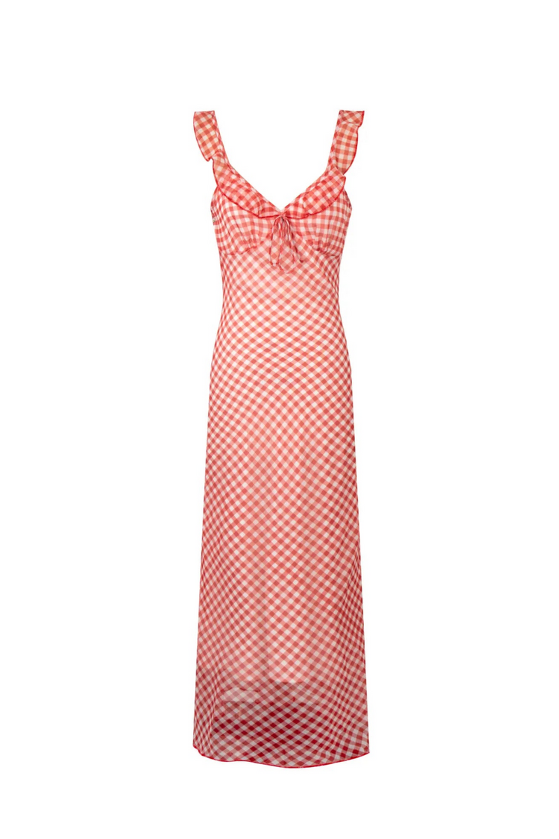 Women Slip Ruffle Bow Tie Red Plaid The Ankle Length  Sun Dress