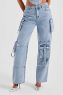 Chic Women Casual Loose Straight Cargo Jeans Pants Female Wide Leg Denim Trousers