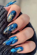 24Pcs Blue French Fake Nails  Glittering Almond Press on False Nails Gradient Flowers with Diamonds Detachable Manicure