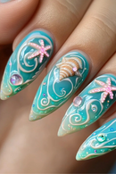 24pcs Starfish Seashell Patterns Press On Nails Summer Ocean Series Blue Long Stiletto False Nails Fresh Seascape Nail