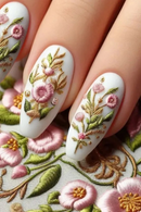 24 Pcs Pink Green Flower Press on Acrylic Nails for Women Nail Art Coffin Aesthetic Fake Nails