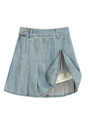 Women Denim Pleated Skirt Vintage Mini Jean Skirt Streetwear Skirt Summer