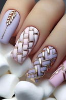 24 pieces long square French simple long wheat check nails +1 nail glue +1 nail file