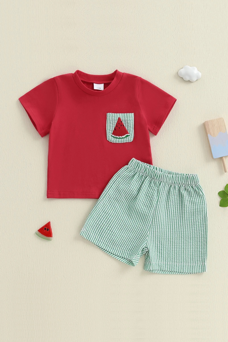 Summer Toddler Baby Boys Shorts Set Embroidery Watermelon T-shirt Striped Shorts Outfit Clothes