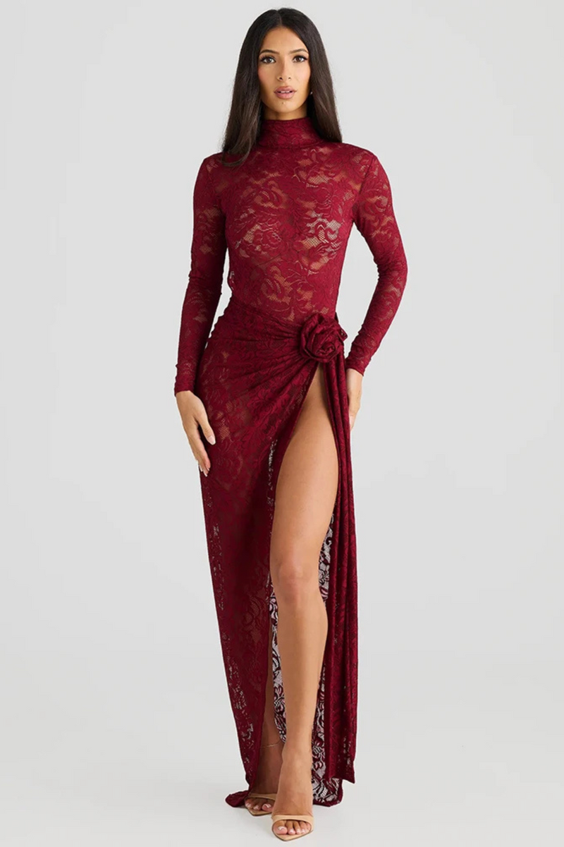 Women Turtleneck Long Sleeve T-shirt And Floral Maxi Skirt Matching Sets Club Party Split Sets