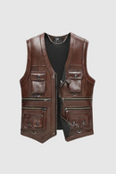 Autumn Winter Leather Vest Men Waistcoat Steampunk Sleeveless Motorcycle Jackets Casual Multiple Pockets Coat