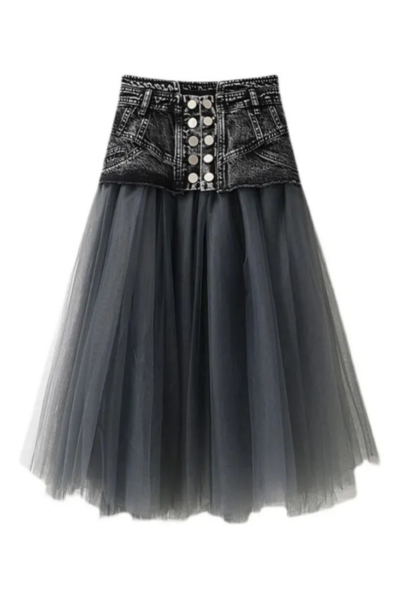 Loose Oversized Womens Dark Denim Splicing Half Skirt Summer A Line Mesh Half Shag Skirt Female Casual High-Waisted Denim Skirts
