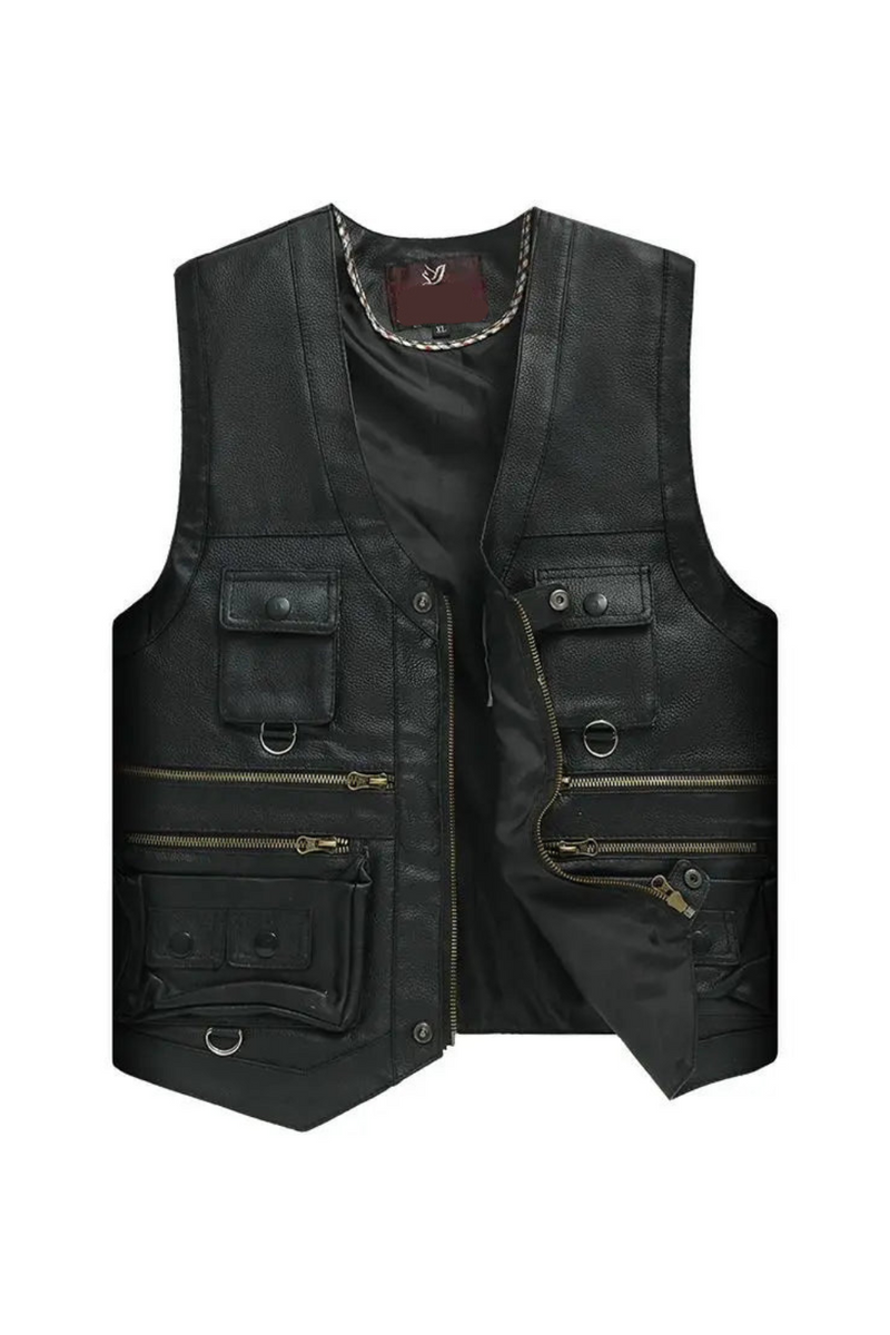Genuine Leather Man Vest Waistcoat Jacket Thick Motorcycle Multi Pocket leather biker Men